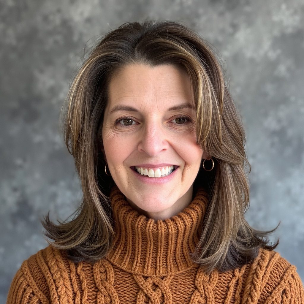 Smiling woman in a brown turtleneck sweater against a gray backdrop.