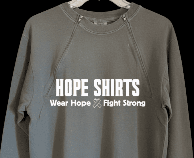 A gray sweatshirt with 'HOPE SHIRTS' and a motivational message printed on it.